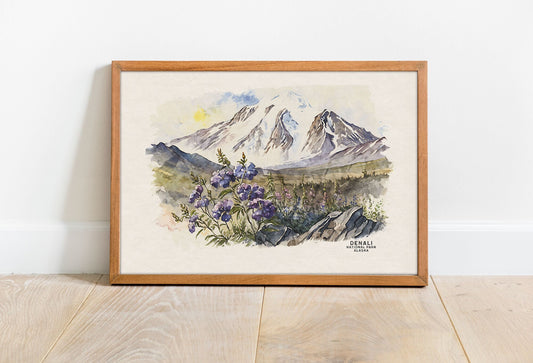 Denali National Park Travel Poster, Alaska Poster, National Park Art, Denali Wall Art, Watercolor Art Print, Nursery Artwork, Cabin Decor