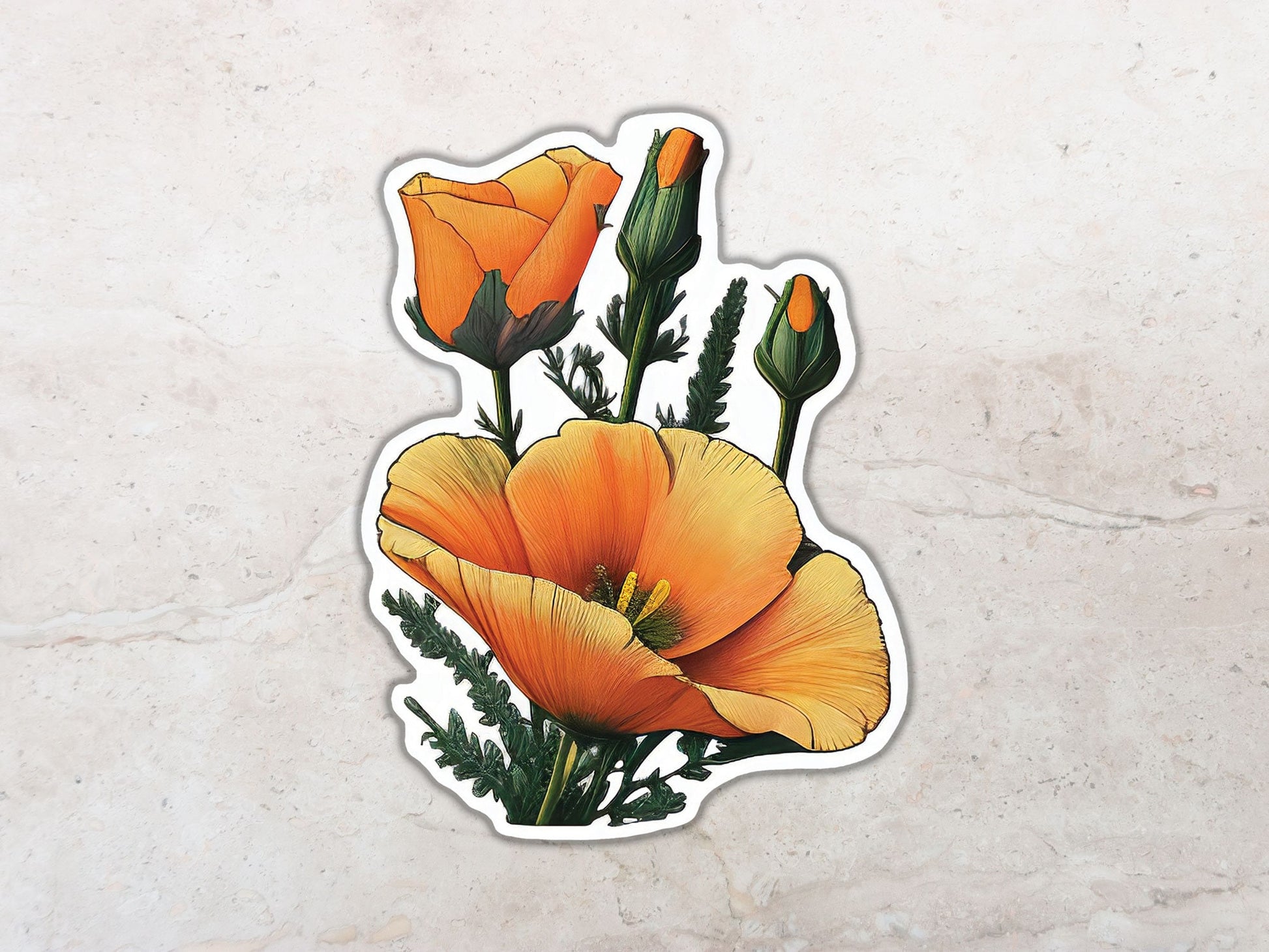 Flower Sticker, California Poppy Sticker, Plant Decal, Sticker For Laptop, Bumper, Water Bottle, Die Cut, Waterproof