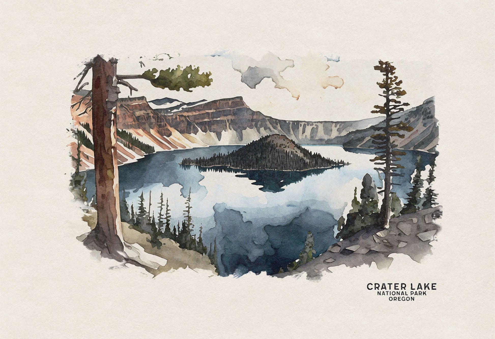 Crater Lake National Park Poster, Oregon Wall Art, Watercolor Painting, Crater Lake Art Print, Oregon Poster, Woodland Nursery