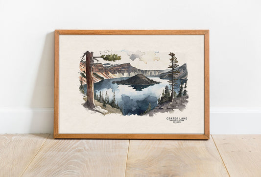 Crater Lake National Park Poster, Oregon Wall Art, Watercolor Painting, Crater Lake Art Print, Oregon Poster, Woodland Nursery