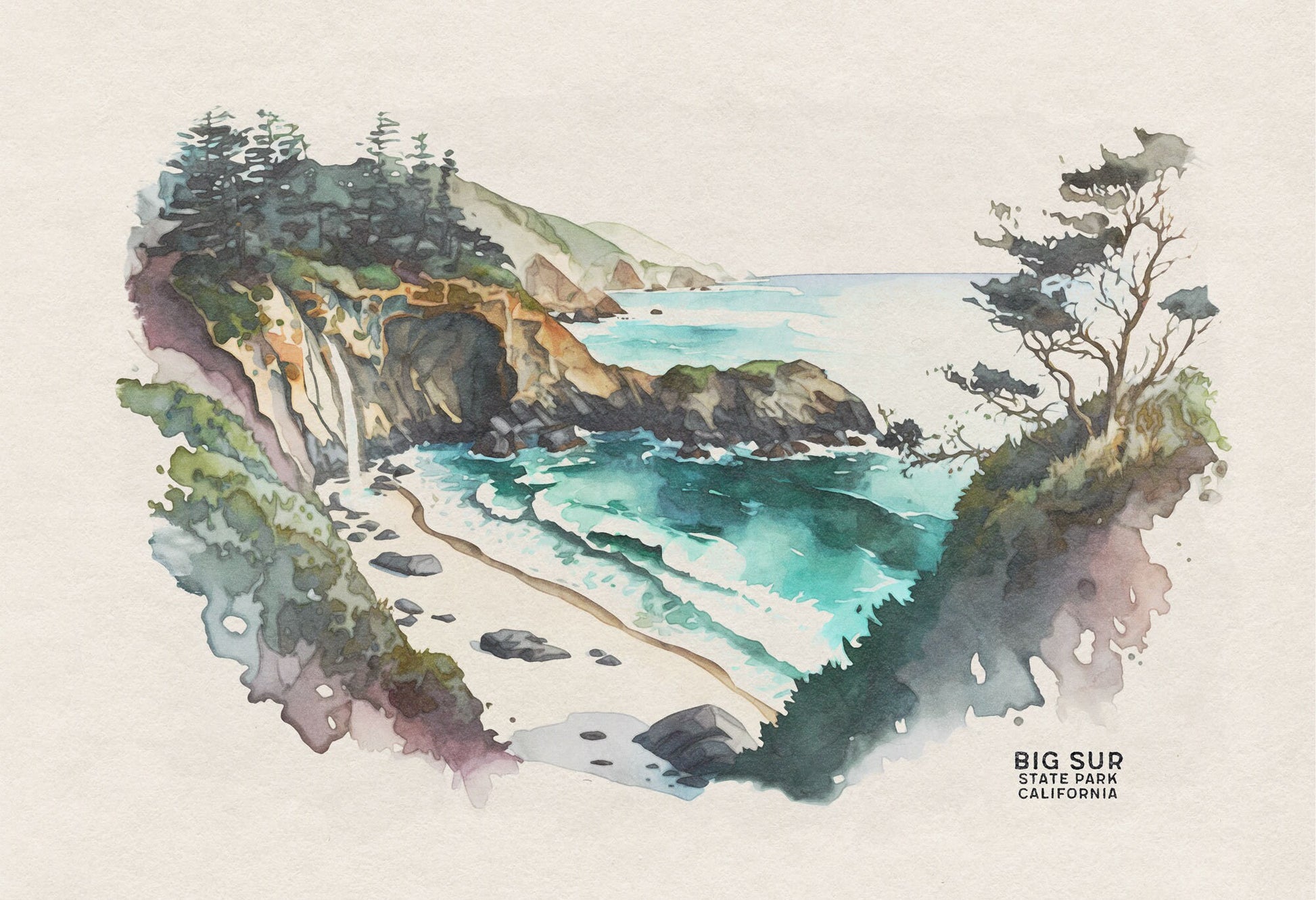 Big Sur Painting, Ocean Wall Art Travel Poster, California Print, Coastal Wall Art, Beach House Decor, California Watercolor, Surf Art