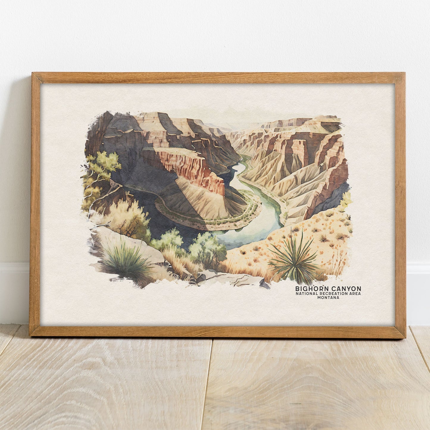 Watercolor painting of Bighorn National Forest, capturing Montana&#39;s Bighorn Canyon in vibrant detail. Majestic mountain art for wall decor. Perfect for nature enthusiasts and travel lovers. Ideal for woodland nurseries and home decor.