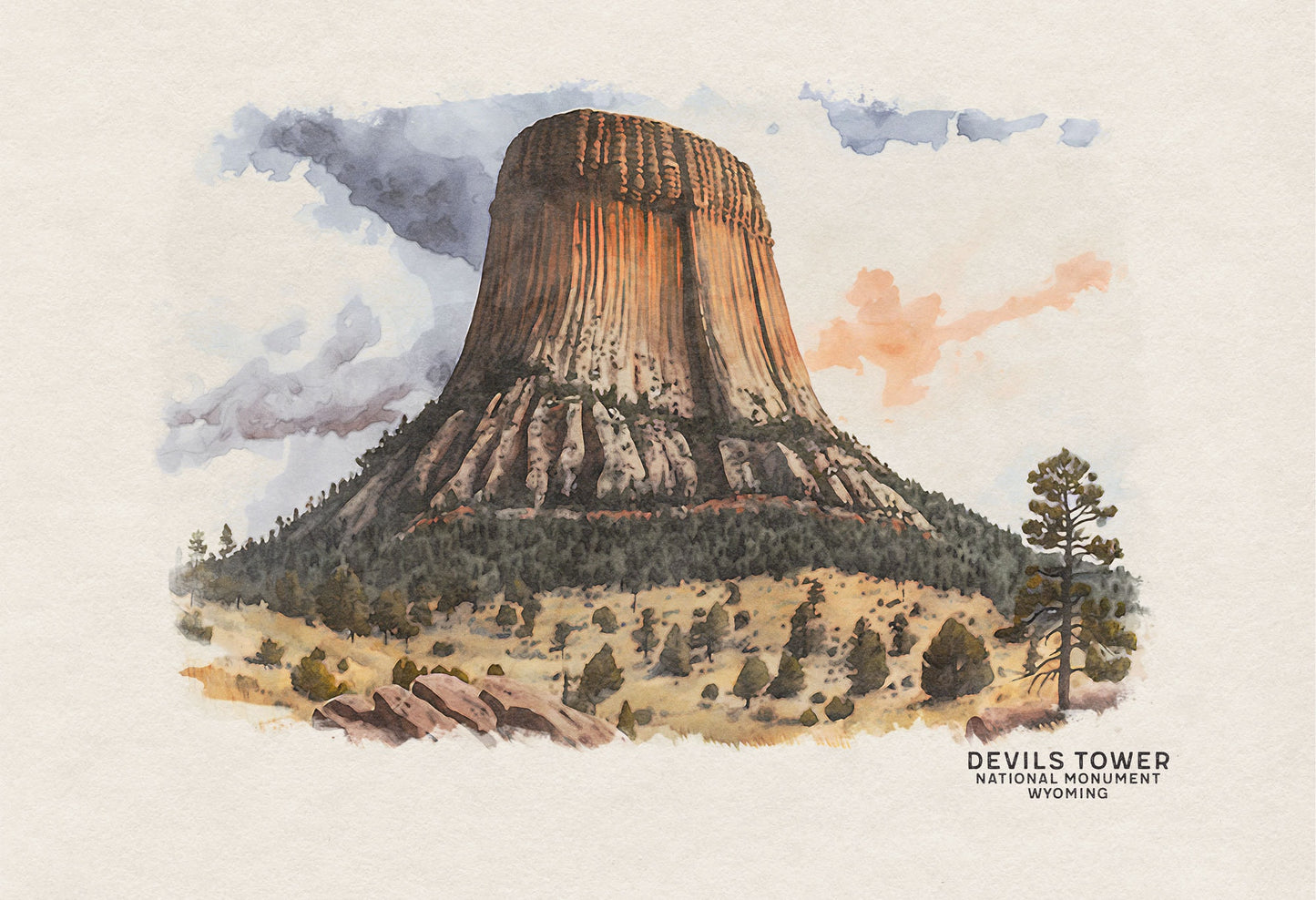 Devils Tower Art Print, Wyoming Art, National Monument, Climbing Poster, Devils Tower Poster, Travel Poster, Woodland Nursery