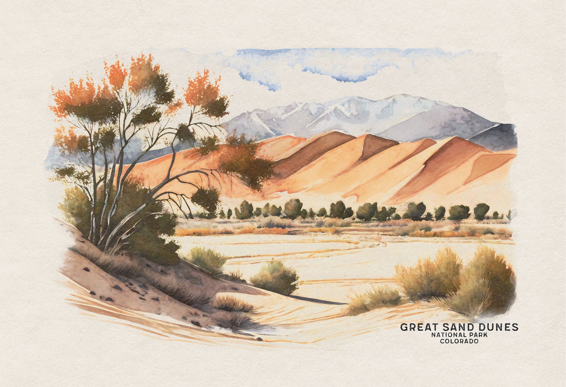 Great Sand Dunes National Park Poster, Colorado Sand Dune Wall Art Watercolor Painting, National Park Prints, Woodland Nursery