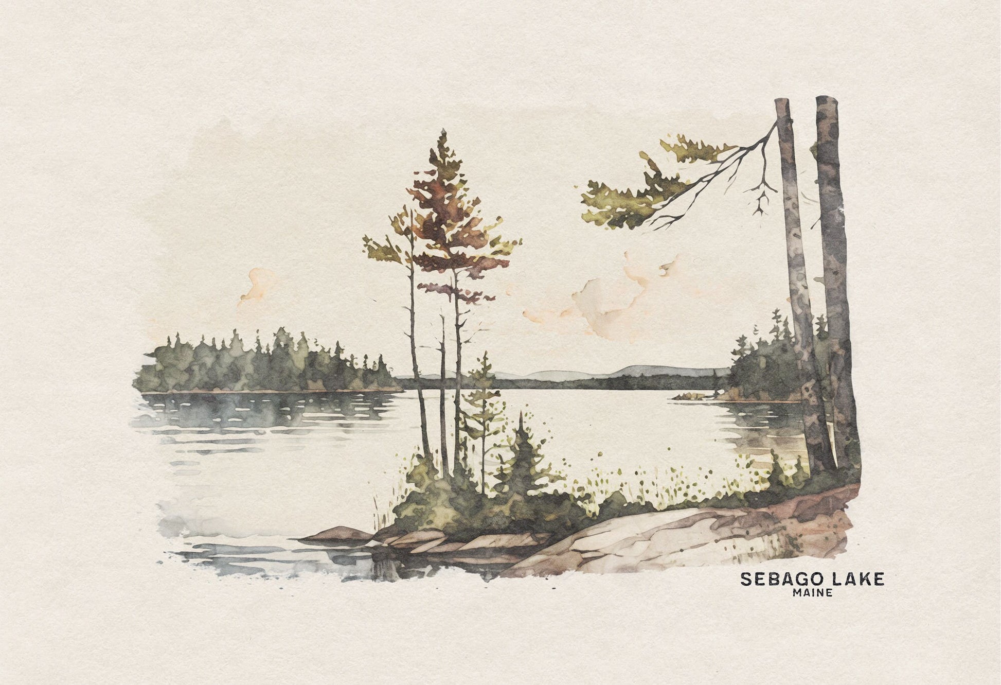 Sebago Lake Watercolor Print - Maine State Park, National Park Art, Boho Lake House Warming Gift for Him or Her Room Decor, Camping Theme