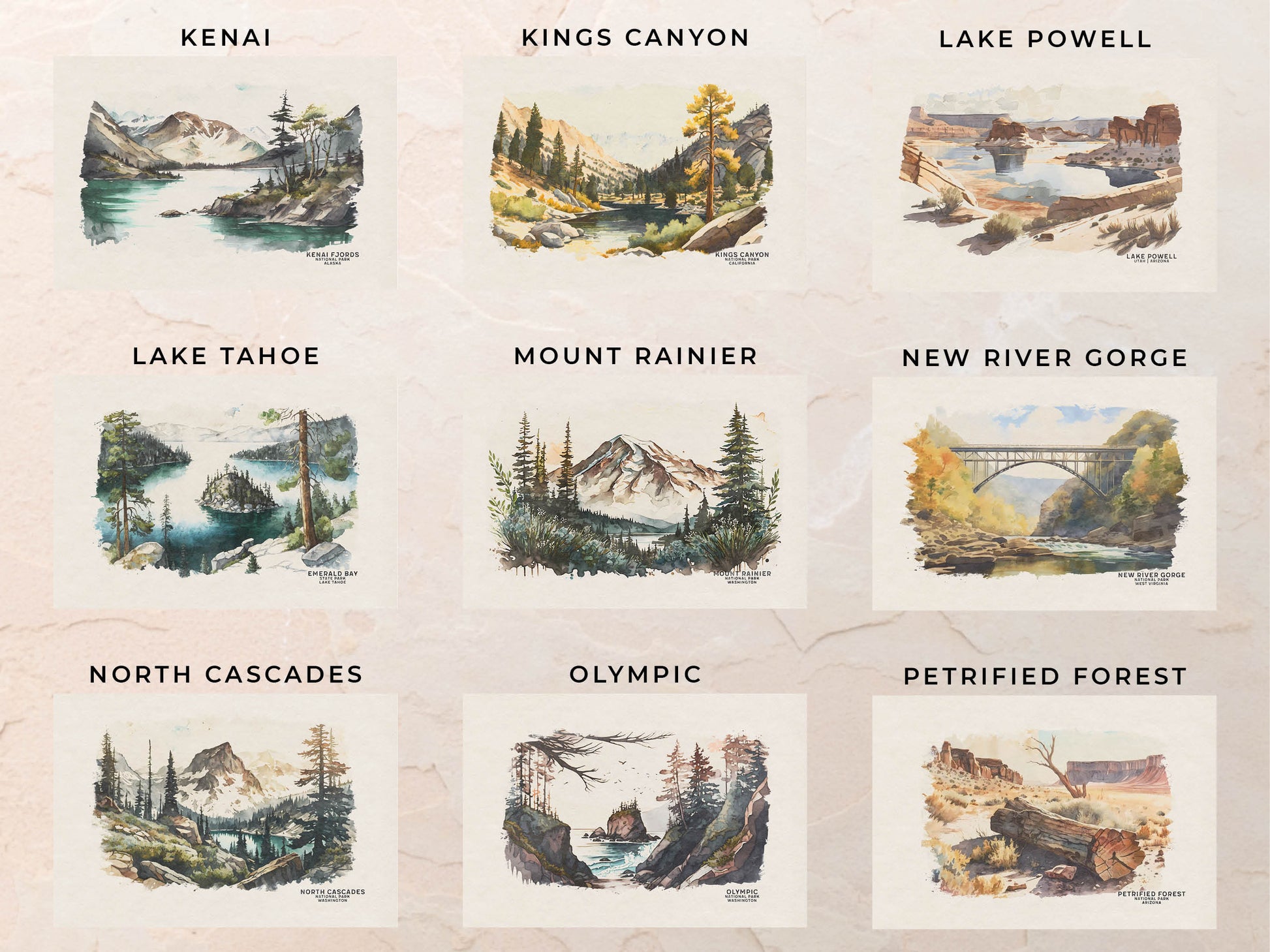 National Park Posters, Set of 4, Travel Poster, Watercolor Wall Art Print, National Park Gift, Gift For Traveler, Mountain Gallery Wall