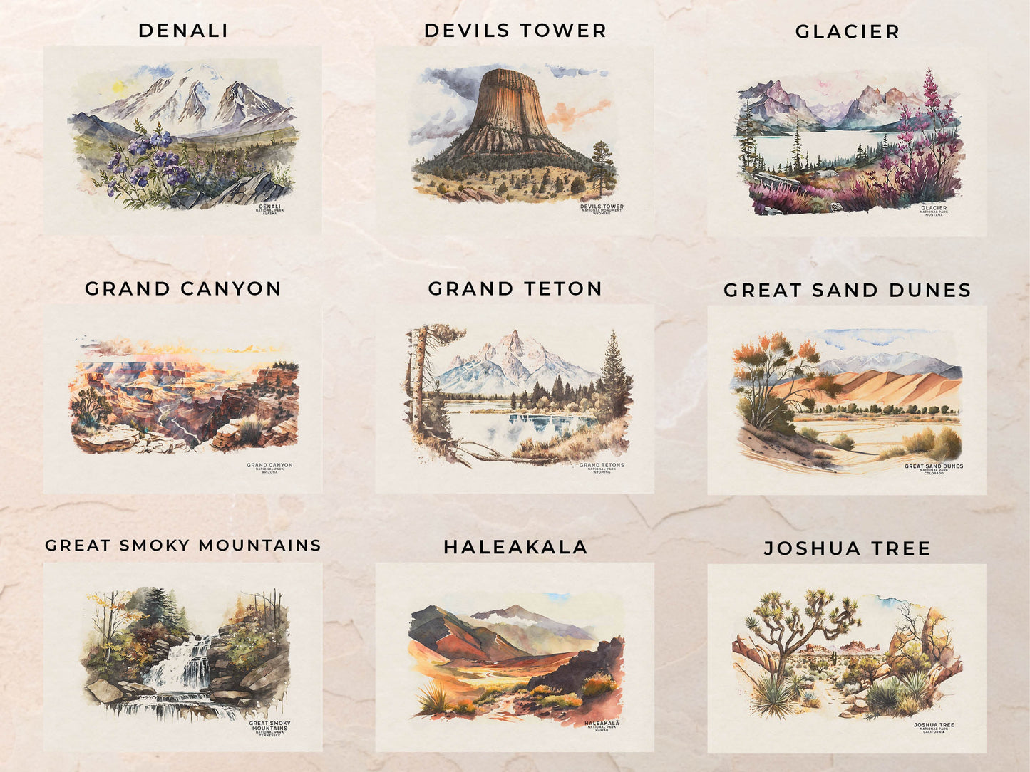 National Park Posters, Set of 6, Travel Poster, Watercolor Wall Art Print, National Park Gift, Gift For Traveler, Mountain Gallery Wall