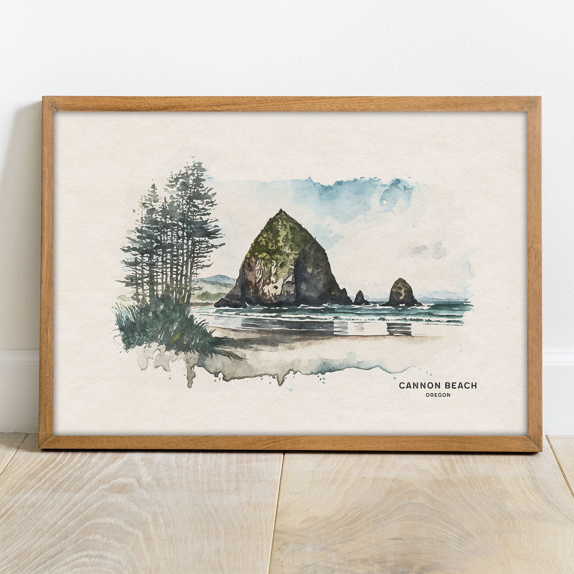 Cannon Beach Poster, Beach House Decor, Oregon Wall Art, Oregon Coast Watercolor Painting, Woodland Nursery