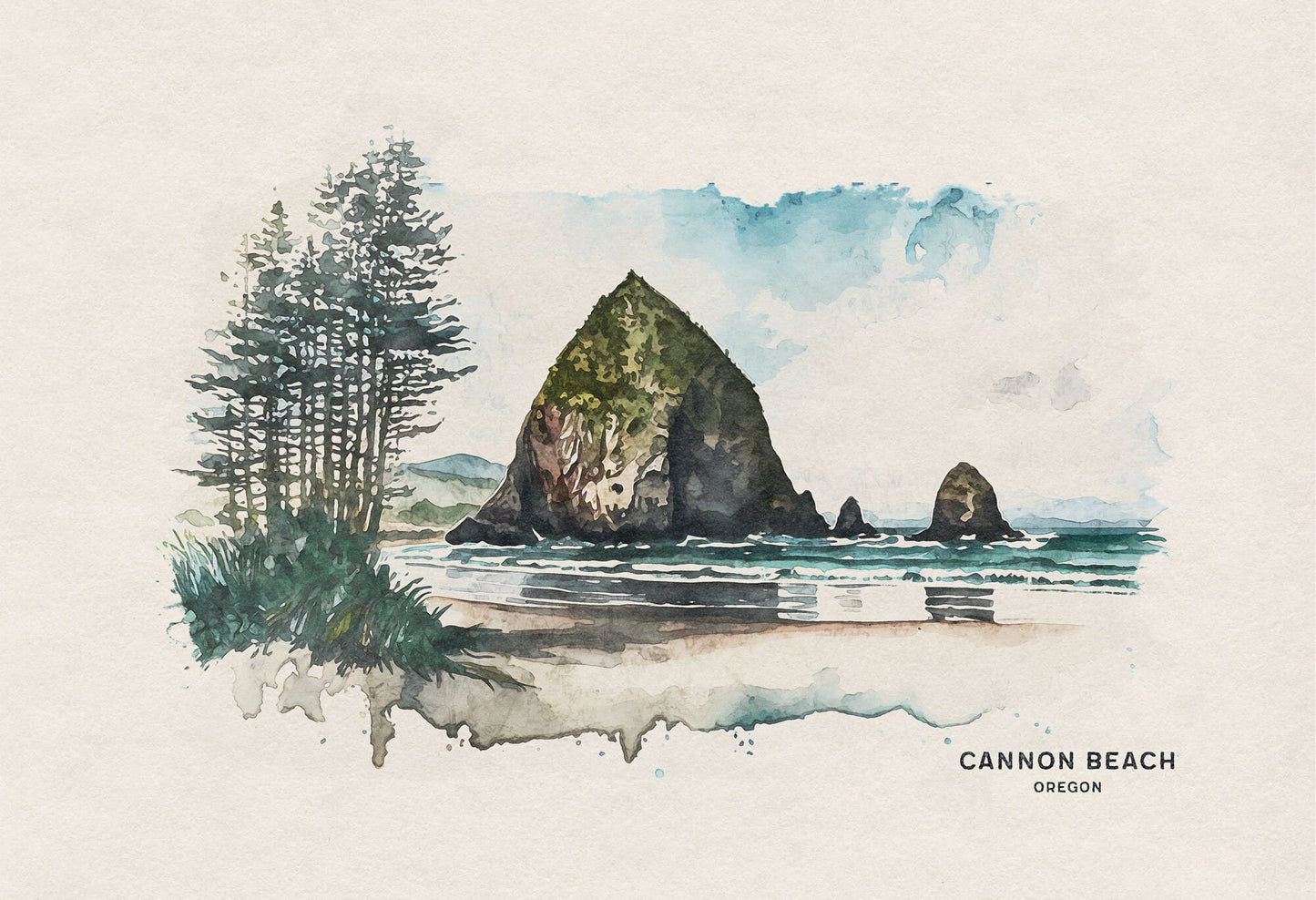 Cannon Beach Poster, Beach House Decor, Oregon Wall Art, Oregon Coast Watercolor Painting, Woodland Nursery