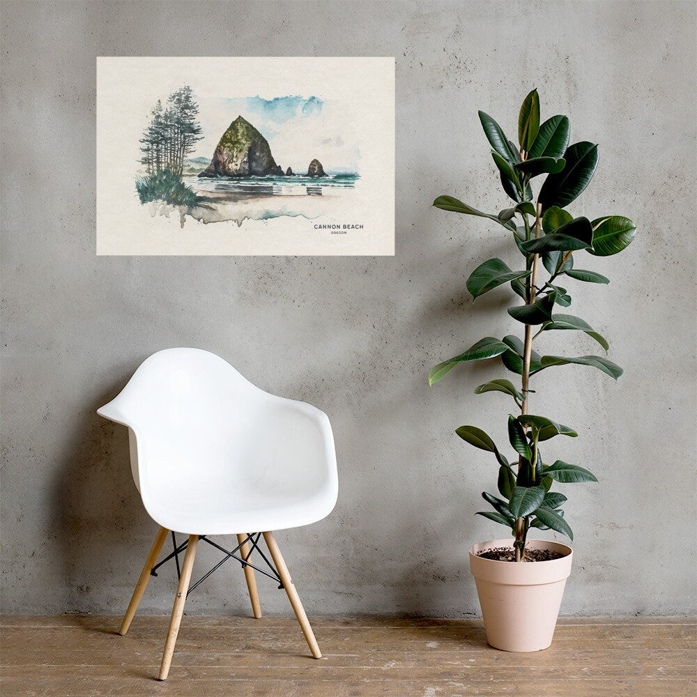 Cannon Beach Poster, Beach House Decor, Oregon Wall Art, Oregon Coast Watercolor Painting, Woodland Nursery