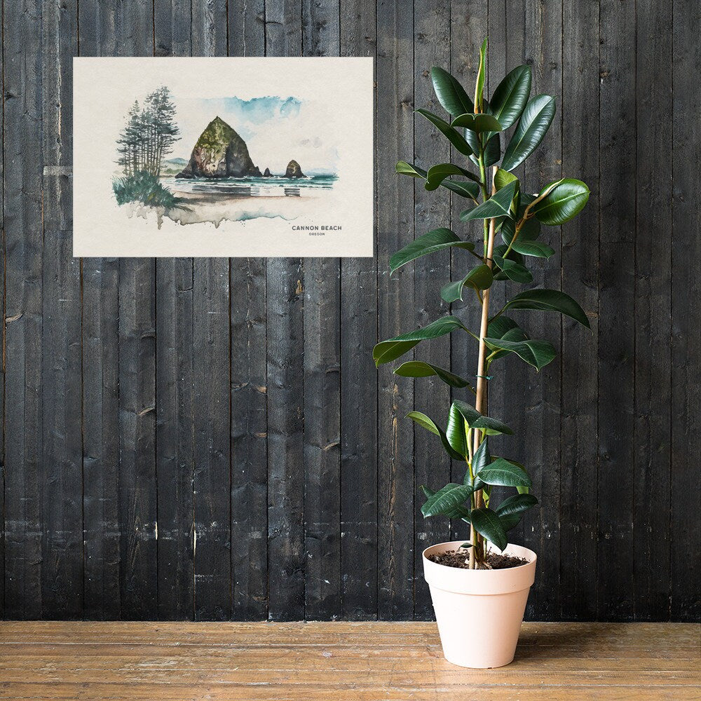 Cannon Beach Poster, Beach House Decor, Oregon Wall Art, Oregon Coast Watercolor Painting, Woodland Nursery