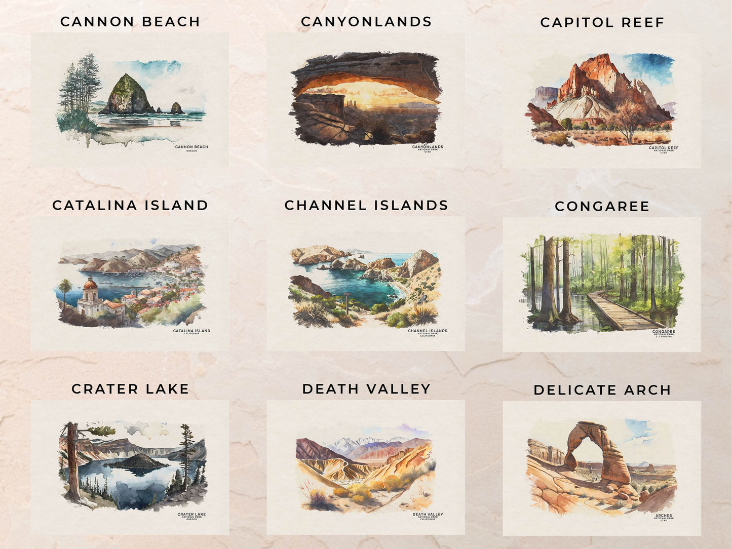 National Park Posters, Set of 4, Travel Poster, Watercolor Wall Art Print, National Park Gift, Gift For Traveler, Mountain Gallery Wall