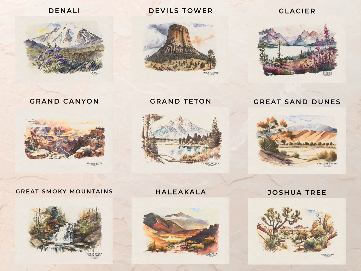 National Park Posters, Set of 4, Travel Poster, Watercolor Wall Art Print, National Park Gift, Gift For Traveler, Mountain Gallery Wall