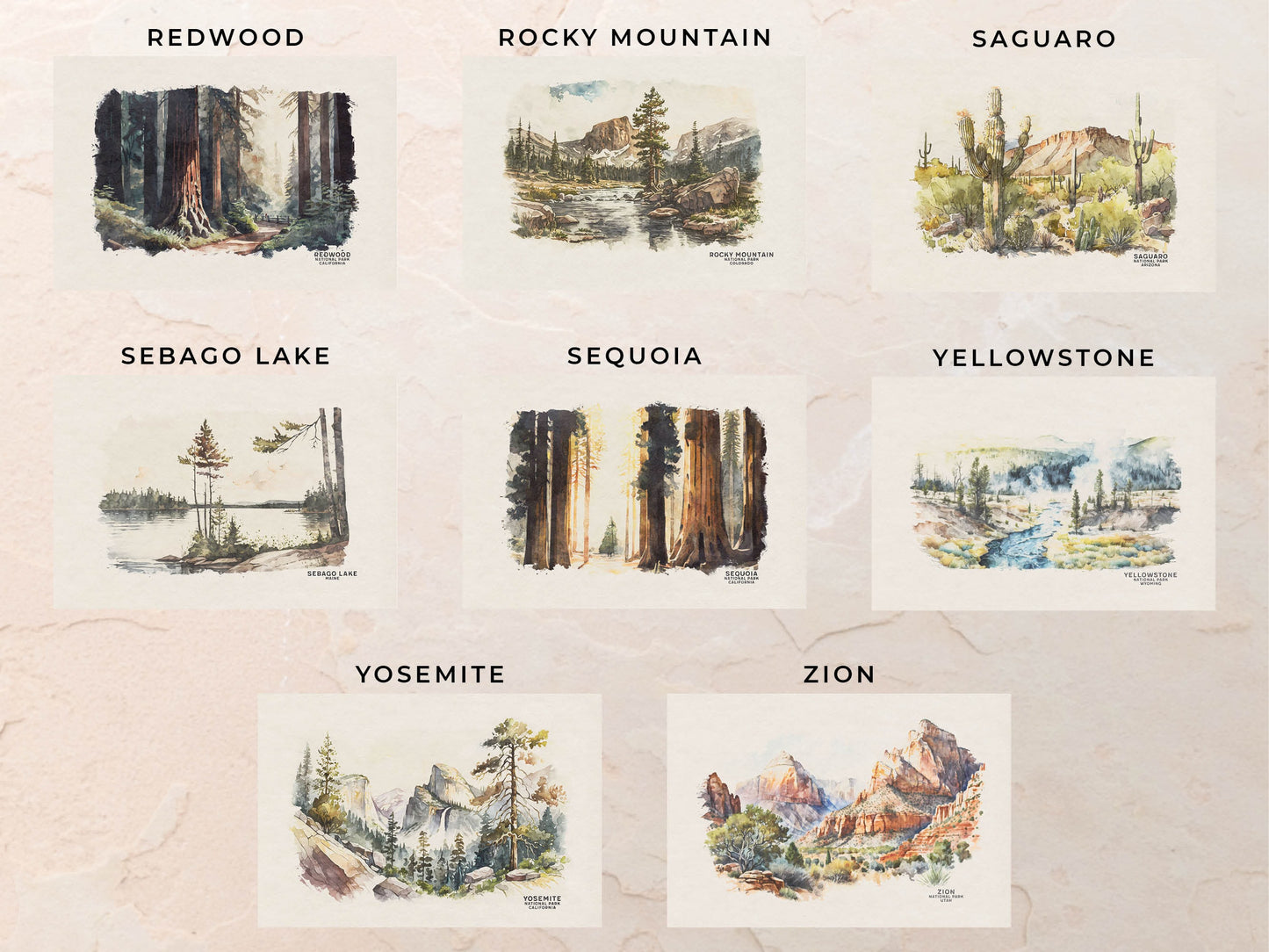 National Park Posters, Set of 4, Travel Poster, Watercolor Wall Art Print, National Park Gift, Gift For Traveler, Mountain Gallery Wall