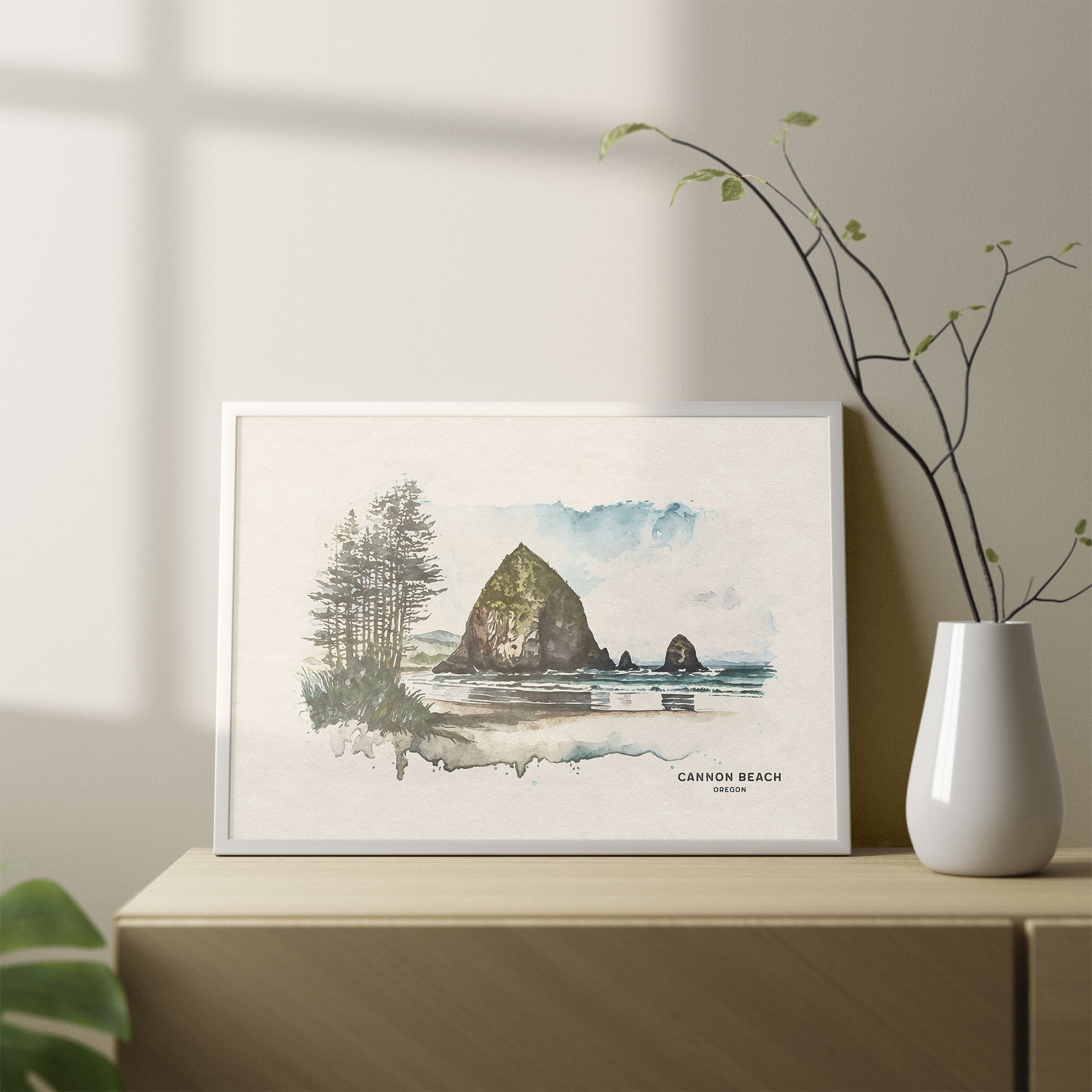 Cannon Beach Poster, Beach House Decor, Oregon Wall Art, Oregon Coast Watercolor Painting, Woodland Nursery