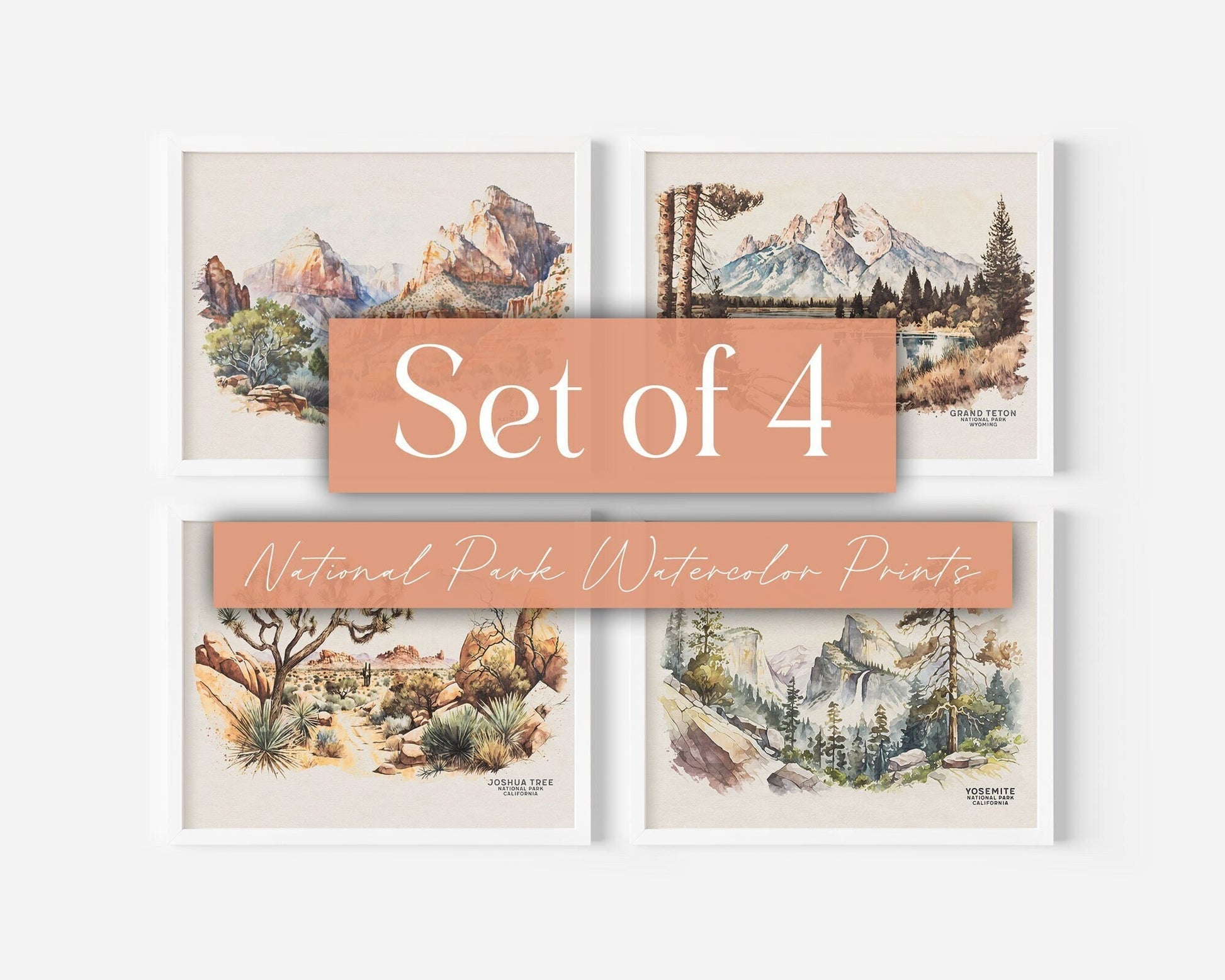 National Park Posters, Set of 4, Travel Poster, Watercolor Wall Art Print, National Park Gift, Gift For Traveler, Mountain Gallery Wall