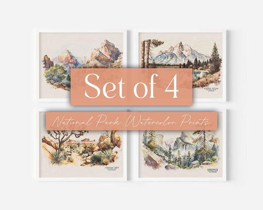 National Park Posters, Set of 4, Travel Poster, Watercolor Wall Art Print, National Park Gift, Gift For Traveler, Mountain Gallery Wall