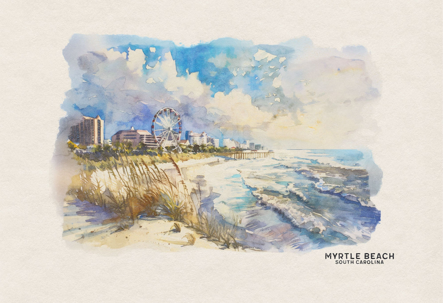 Myrtle Beach Framed Art Watercolor Print, Airbnb Welcome Sign, Gallery Wall Set Travel Poster, Family Vacation Housewarming Gift