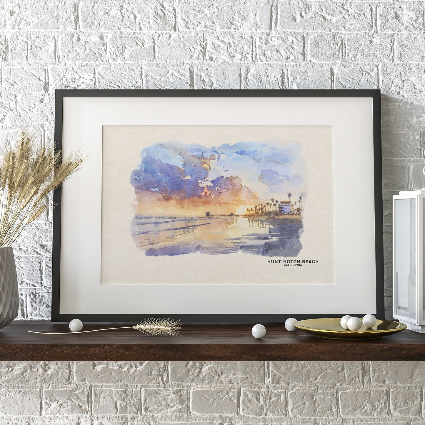 Huntington Beach Framed Art Watercolor Print, Airbnb Welcome Sign, Gallery Wall Set Travel Poster, Family Vacation Housewarming Gift